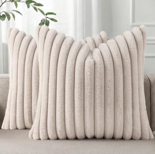 Image of Pallene Faux Fur Plush Throw Pillow Covers 20x20 Set of 2, Luxury Soft Fluffy Striped Decorative Pillow Covers for Sofa, Couch, Living Room, Tan