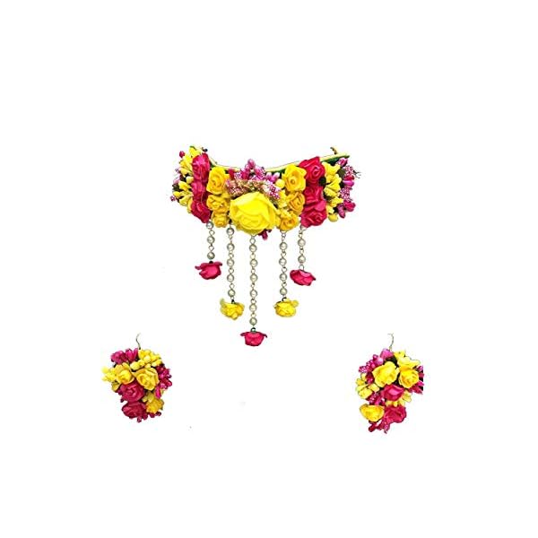 12SEASONS Yellow and Pink Fabric Flower Jewellery Necklace 2 with Maang Tika and Earrings, Bracelets for Women Girls Set of 7 Pc - Image 7