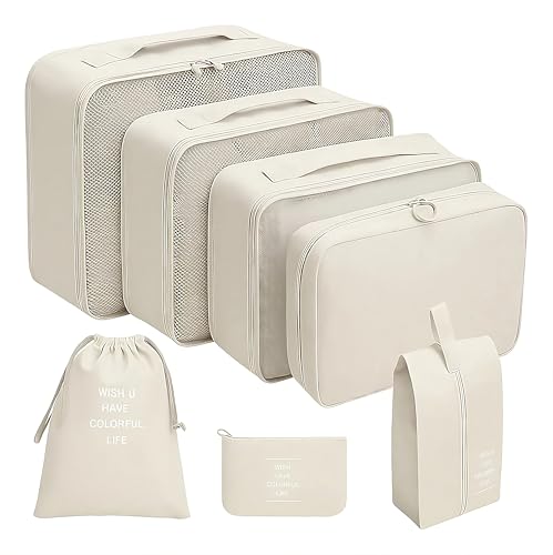 Kirk Kit Organizador de Malas Viagem 7 Peças, Cubos Organizadores Poliéster Premium, Bolsas e Necessaires para Roupas, Sapatos e Cosméticos (Bege)