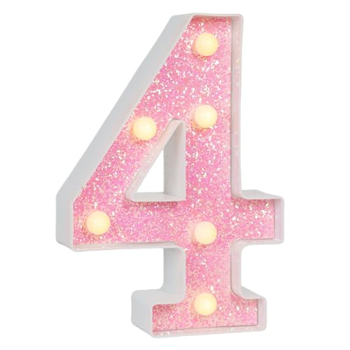 Image of Pink Glitter Marquee Light Up Numbers, LED Number Lights Battery Operated for Girls 4th 14th Pink Birthday Party Table Decorations, Wall Decor for Girls Bedroom, Number 4 Sign Warm White Lights