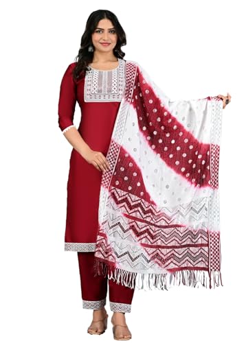Image of Women's Silk Embroidered Kurta with Pant and Dupatta Set, Straight Style