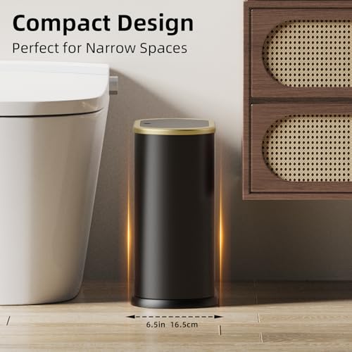 Image of KSSKSS 1.8 Gallons Small White Bathroom Trash Can with Lid, Slim Bathroom Garbage Bin, Dog Proof Trash Can with Pop-Up Lid for Bedroom,Toile, Black