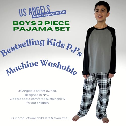 Image of US Angels Boys Pajamas Set | 3-Piece Pant, Shirt, Shorts Sleepwear Pjs for Kids | Loose Fit, Soft, Breathable Blue Plaid