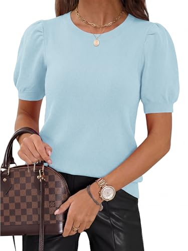 Image of PRETTYGARDEN Womens Sweaters Spring 2026 Summer Puff Short Sleeve Sweater Trendy Cute Knit Work Blouses Business Casual Tops