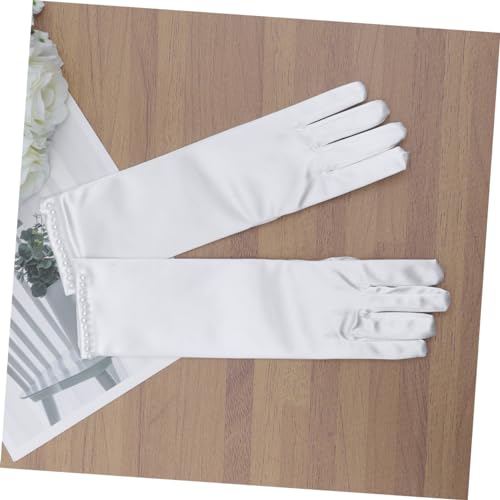 Beaupretty Flower Girl Gloves Long Satin Dress Gloves with Pearl Decor Elegant White Color for Weddings Evening3