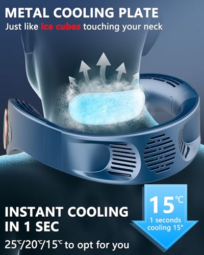 Neck Fan with Cooling Plate,5500mAh Neck Fans that Blow Cold Air Rechargeable Battery Operated,USB-C Bladeless Air Conditioner Cooling Plate AC Cooler,Quiet Head Wearable Hangs Around Neck Device Blue