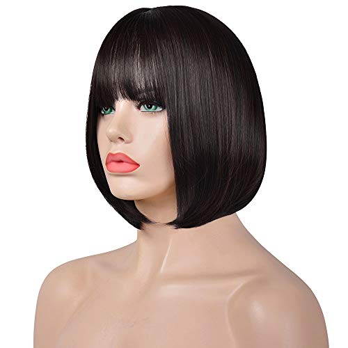 Sofeiyan Short Straight Bob Wigs with Bangs 11 inch Synthetic Daily Party Hair Wig for Black Women Darkest Brown and Dark Auburn Mixed - Image 2
