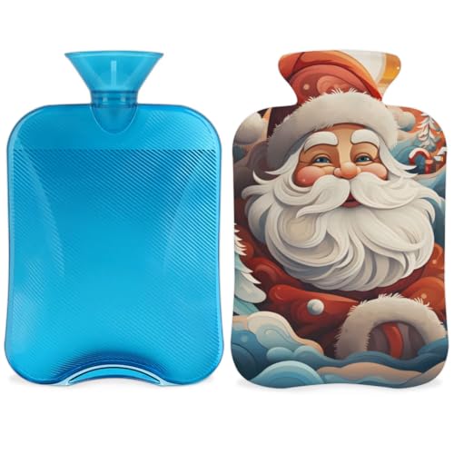 Hot Water Bottle with Soft Cover,2L Colorful Santa Claus Hot Water Bag for Hot and Cold Compress, Hand Feet Warmer, Watercolor Santa Claus Rubber Hot Cold Water Bottle Halloween Christmas Decorations
