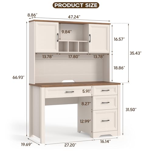 Image of Vabches Farmhouse Executive Desk with 4 Drawers and Storage Cabinet, Rustic Large Home Writing Desk with Hutch, Workstation for Bedroom, White