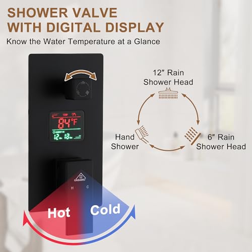 CASAINC Sistema de Ducha Montado en Techo con Cabezal de Lluvia de 12 Pulgadas y Spray de Mano & Cabezal de Ducha de 6 Pulgadas, Conjunto Multifuncional con Display de Temperatura de Agua (Negro Mate) miniatura 5