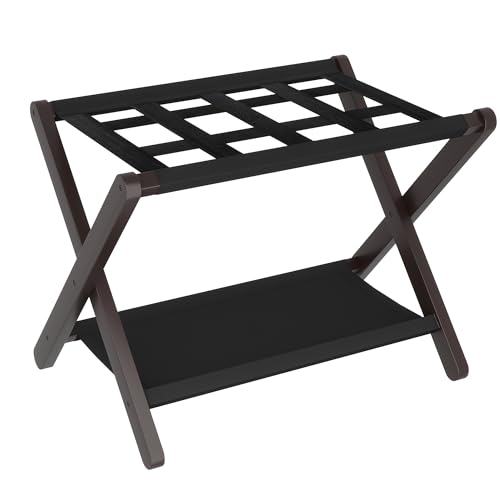 Heybly Luggage Rack, Folding Suitcase Stand with Storage Shelf, Heavy-Duty Luggage Holder for Guest Room Bedroom Hotel, Holds up to 165 lb, Black, HLR010Z1