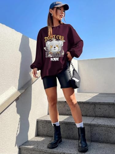 Image of CHKOKKO Oversized Round Neck Drop Shoulder Printed Polyester Full Sleeves T-Shirt for Women