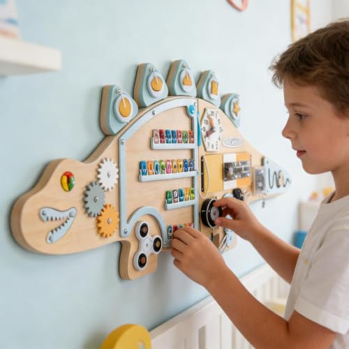 Tablero De Pared De Actividades Para Cuarto Infantil De Madera Con Panel Sensorial Dinosaurio 4
