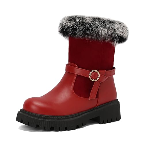 Botas de invierno con forro de piel sintética para mujer, botas de senderismo gruesas con tacón bajo, rojo, 41 EU