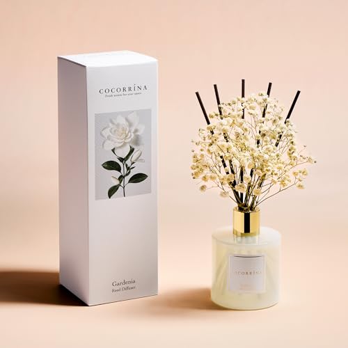 Image of COCORRINA Reed Diffuser - Gardenia 6.7 Fl.oz Reed Diffuser Set with Sticks & Preserved Baby's Breath, Reed Diffuser for Home Bathroom Shelf Decor