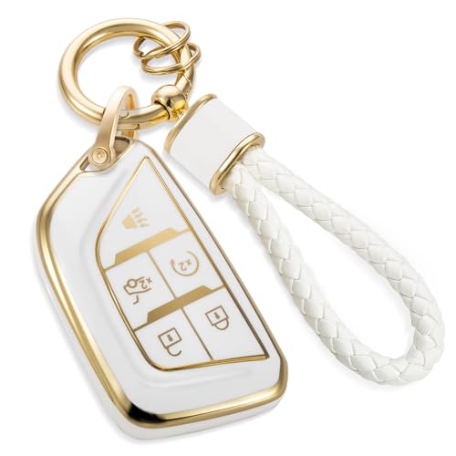 Image of for Cadillac Key Fob Cover with Metal Braided Rope Keychain, Upgraded Soft Case for 2020-Up CT4 CT5 CT6 XTS XT4 XT5 ATS etc.(5 Buttons) Fob Shell (Gold Edge, B1)