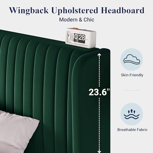 Image of Allewie Full Size Bed Frame /Velvet Upholstered Platform Bed /Vertical Channel Tufted Wingback Headboard /Strong Wooden Slats /No Box Spring Needed /Easy Assembly /Green