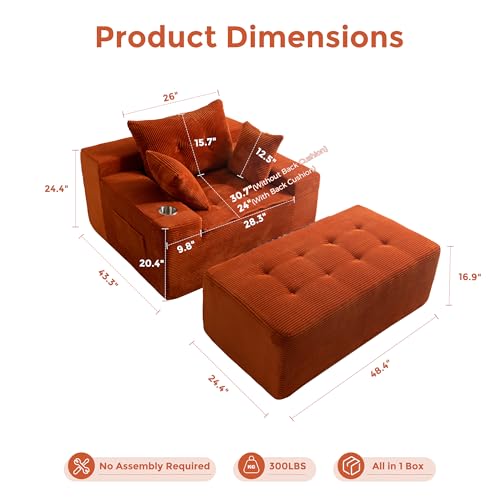 Image of MAXYOYO Oversized Chaise Lounge Sofa, Upholstered Lounge Chair with 3 Pillows Indoor, Tufted Boneless Sofa Couch with Ottoman, Deep Seat Sleeper Chair for Living Room, Bedroom, No Assembly, Orange