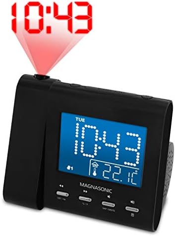 Magnasonic Projection Alarm Clock with AM/FM Radio, Battery Backup, Auto Time Set, Dual Alarm, Nap/Sleep Timer, Indoor Temperature/Date Display with Dimming & 3.5mm Audio Input - Black (EAAC601)