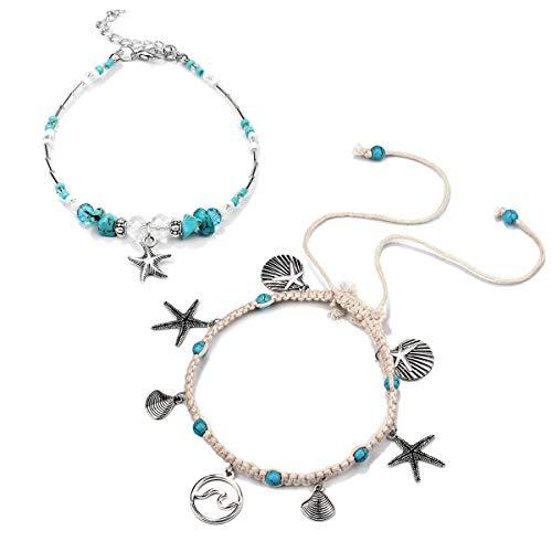 Image of Softones Blue Starfish Turtle Anklet Multilayer Charm Beads Sea Handmade Boho Anklet Foot Jewelry for Women