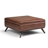 SIMPLIHOME Owen 36 Inch Wide Mid Century Modern Square Coffee Table Lift Top Storage Ottoman in Upholstered Distressed Saddle Brown Faux Leather, For the Living Room
