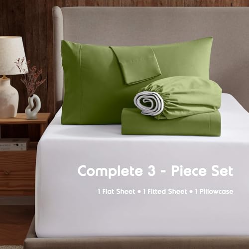 Image of Nestl Twin Bed Sheet Set - Calla Green - 3-Piece Deep Pocket | Instantly Soft, Night-One Ready (No Wash Required). Fits 16-Inch Deep Pockets, 360-Degree Elastic Grip
