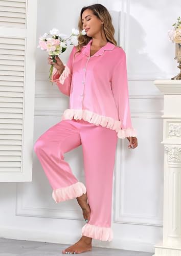 Image of Brosloth Womens Silk Pajamas Set Long Sleeve Satin Button Up Sleepwear | Cute Soft Fall Pjs Sets, Lace 2 Piece Lounge Set, Elegant Bridesmaid Pajama, Skin Friendly Sleepwear for Wedding, Honeymoon