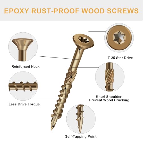 Image of Deck Screws 2 Inch, Wood Screws #8x2 inch, 106 Pcs Golden Brown | Rust Resistant Epoxy Coated, Outdoor Wood Screws, Torx Screws Exterior Fence Screws, T25 Star Bit Included 1 lbs