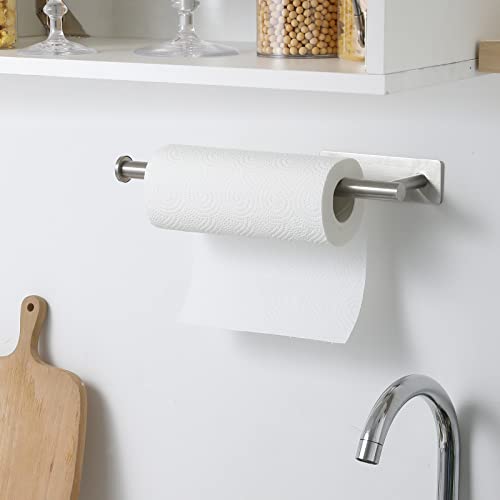 Image of theaoo Under Cabinet Paper Towel Holder for Kitchen, Wall Mount, Silver | Adhesive Paper Towel Roll Rack for Bathroom or Kitchen, SUS304 Stainless Steel, Self-Adhesive or Screw Installation