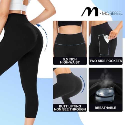 Image of MOREFEEL 3 Pack 8 inch High Waisted Biker Shorts for Women, Casual Summer Knee Length Tummy Control Running Athletic Yoga Shorts
