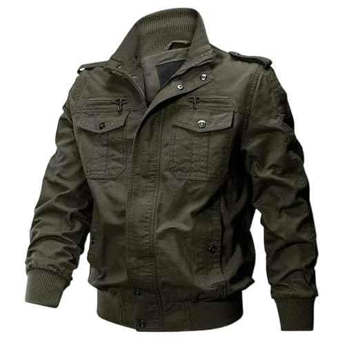 Veste pilote homme vert col montant coupe-vent multi-poches pour automne
