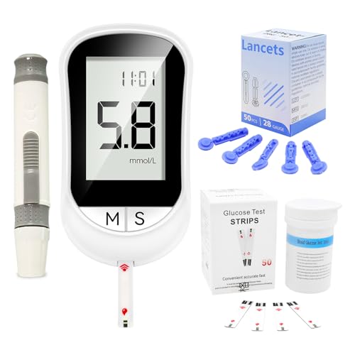 Lvozize Medidor Glucosa en Sangre, 50 x Tiras de Prueba y Dispositivo Punción Kit de Prueba de Glucosa en Sangre con Tiras 50 tiras Reactivas + 50 Lancetas Resultados Rápidos, Fácil de Usar