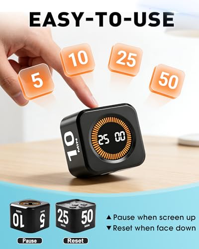 Image of Pomodoro Timer Cube for Productivity - 5 /25 /10 /50 Minutes Preset, Digital Gravity Sensor Desk Visual Timer for ADHD, Silent Mode, Ideal for Office, Study, Kitchen & Kids