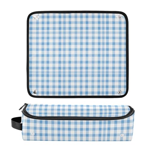 Estuche de viaje 2 en 1 para herramientas de peinado con alfombrilla resistente al calor extraíble en diseño azul con estampado floral a cuadros blancos miniatura 3