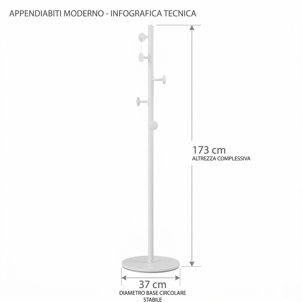 MAKA Appendiabiti da Terra Jerry Bianco in Metallo Alto 173 cm, Attaccapanni Piantana Moderno Minimalista con Base Circolare da 37 cm e Ganci su Più Livelli per Giacche Cappotti Borse, 37x37x173 cm