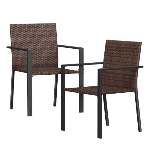 Image of Amopatio Stackable Wicker Chairs, Patio Dining Chairs Set of 2, All-Weather Breathable Outdoor Dining Chair, Steel Frame, Armchair w /Armrests, for Garden, Porch, Deck, Poolside, Fire Pit, Brown