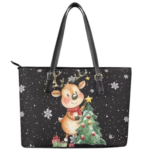 Image of Coldinair Christmas Leather Tote Bag for Women with Zipper Large Shoulder Tote Bag Shopping Casual Travel Bag Handbag Purse