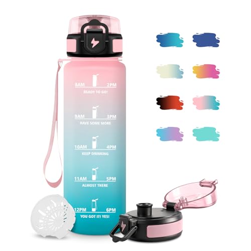 JAPORIA Borraccia 1 Litro, Borraccia Sportiva con Filtro, Bottiglia Acqua Sportiva con Indicatore del Tempo, Facile da Pulire, Borracce a Prova Di Perdite, per Bicicletta, Viaggio, Ufficio, Campeggio