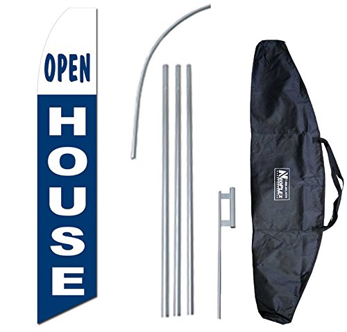 "Open House Blue White" 12-Foot Swooper Feather Flag And Case Complete Set.includes 12-Foot Flag, 15-Foot Pole, Ground Spike, And Carrying/Storage Case #TOP9