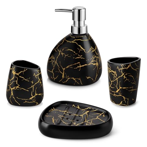 MALACASA Bathroom Accessories Sets 4 Pcs, Cream Soap Dispenser and Farmhouse Toothbrush Holder, Soap Dish with Storage Cup, Durable Ceramic Bathroom Decor for Morden Apartment, Black Gold