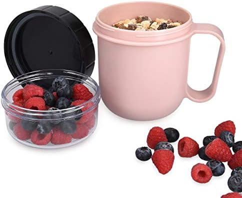 Navaris Breakfast to Go Cup - Portable 2-Piece Food Container Pot for Cereal, Yoghurt, Granola - Microwave and Dishwasher-Safe, BPA-Free - Pastel Pink