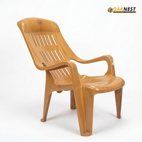 Image of Oaknest Unboxing Furniture Celloo Premium Plastic Relaxing Chair with Armrests | Ergonomic High-Back Lounge Seating for Home, Garden & Balcony (Sandalwood), Count of 2