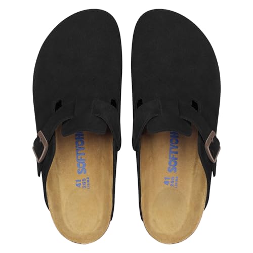 Image of SOFTYOHO Clogs for Women Men, Mules with Arch Support and Adjustable Buckle, Suede Leather Cork Footbed Potato Shoes