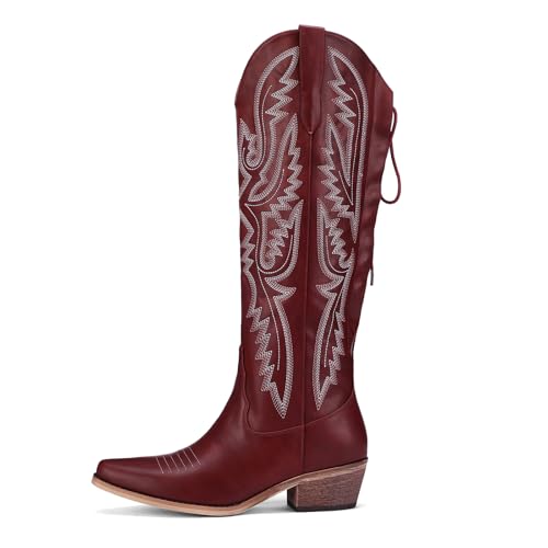Image of Lace Up Cowboy Boots for Women Embroidered Wide Calf Cowgirl Boots Comfortable Chunky Heel Pointed Toe Trendy Western Shoes for Prom Music Festival