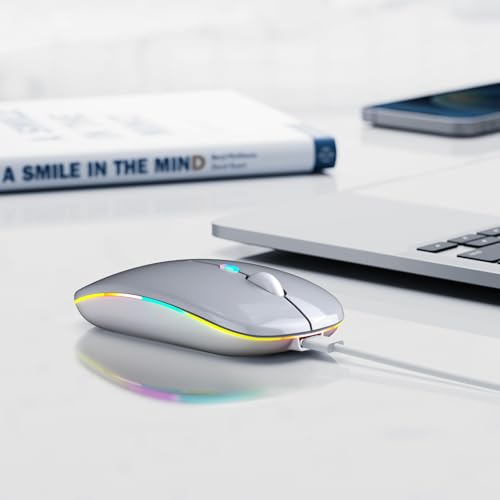 Image of Wireless Bluetooth Mouse, Rechargeable, LED, Silent, Ultra-thin Design (Bluetooth 5.2 and 2.4GHz USB Receiver) | Portable Computer Mouse for Laptops, iPads, MacBooks and Apple Devices (Silver)