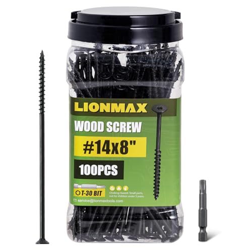 Image of LIONMAX Deck Screws #14 x 8 Inch, 100 PCS, Black Long Wood Screw, Rust Resistant, Exterior Epoxy Coated for Outdoor Decking, Torx /Star Drive Head, T30 Star Bit Included