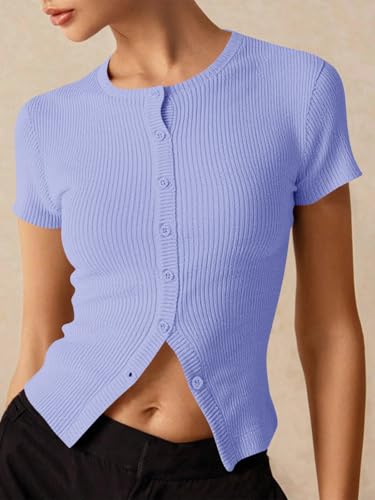 Image of Imily Bela Womens Short Sleeve Sweater Tops Summer Button Down Casual Ribbed Knit Slim Fit Cropped Cardigan Shirts