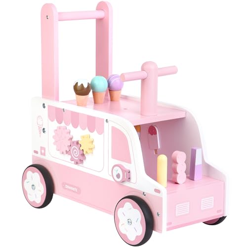Asweets Wooden Baby Push and Pull Walker with Wheels, Learining Acticity Walker for Boys & Girls, Multiple Activities Center, Develops Motor Skills & Stimulates, 17.3''L x 9.1''W x 18.1''H
