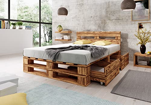 Palettenbett Sunnypillow M2 aus Holz 140 x 200 cm mit Kopfteil und Bettkästen