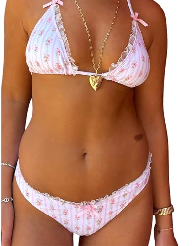 Y2K Cute Thong Bikini Sets for Women Floral Print Halter Neck Two Piece Triangle Swimsuits Sexy Boho Bathing Suit